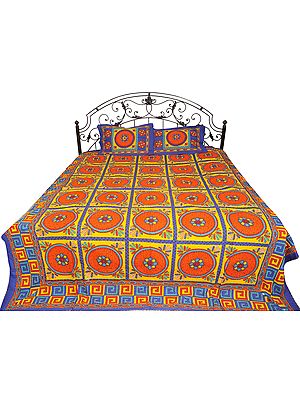 Sanganeri Kantha Stitched Bedcover with Printed Mandalas