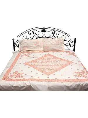 Peach Chikan Hand-Embroidered Bedspread from Lucknow