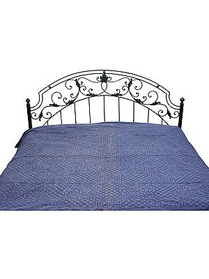 Night-Shadow Blue Stonewashed Bedspread with Floral Applique Work