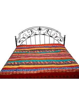Multi-Color Patchwork Bedspread from Gujarat with Printed Flowers All-Over