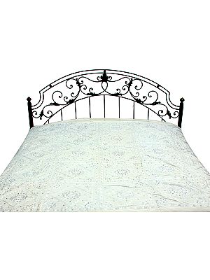 Winter-White Bedspread From Kutch with Embroidered Mirrors All-Over