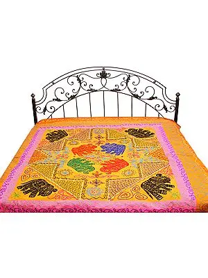 Mustard and Pink Gujarati Bedspread with Appliqué Elephants