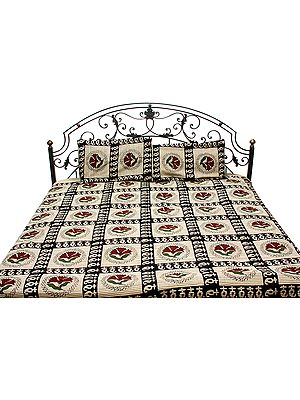 Beige and Black Bedspread from Pilkhuwa with Printed Flowers