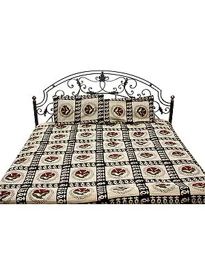 Beige and Black Bedspread from Pilkhuwa with Printed Flowers
