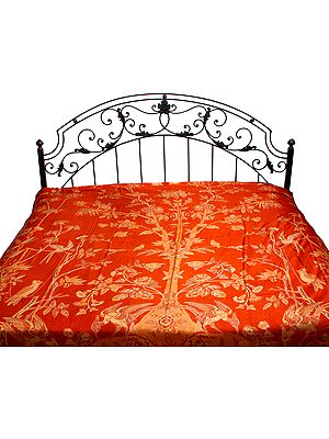 Pure Silk Jamawar Bedspread with Woven Tree of Life