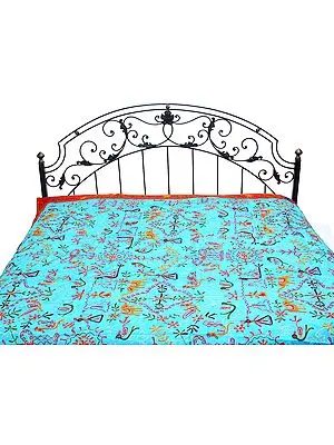 Cyan-Blue Gujrati Bedspread with Metallic Thread Embroidered Folk Motifs