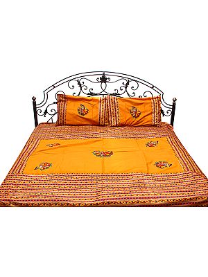 Amber-Yellow Gujarati Bedspread with Embroidered Dancing Ladies