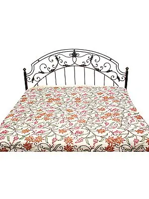 Ivory Kashmiri Bedspread with All-Over Ari Embroidered Chinar Leaves