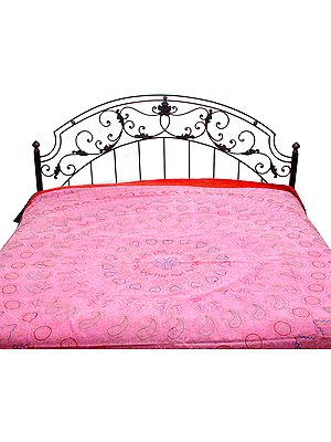Morning-Glory Pink Stonewashed Bedspread with Ari Embroidery All-Over in Golden Thread