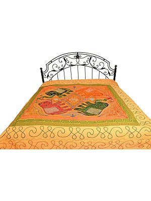 Embroidered Gujarati Bedspread with Applique Elephants and Sequins