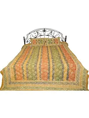 Honey-Mustard Sanganeri Bedspread with Block-Printed Flowers