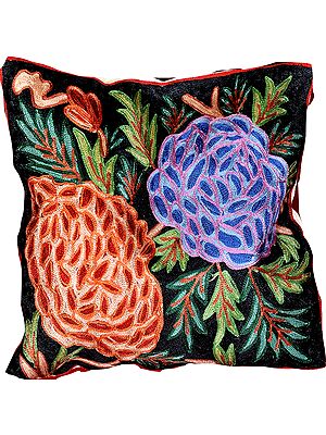 Floral Cushion Cover from Kashmir with Chain Stitch Embroidery