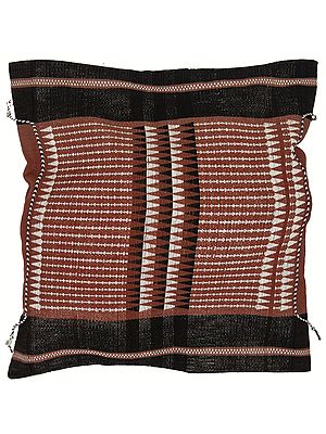 Puce Hand-woven Cushion Cover from Nagaland with Tribal Motifs