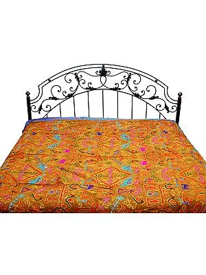 Olive Green Gujrati Bedspread with Metallic Thread Embroidered Folk Motifs