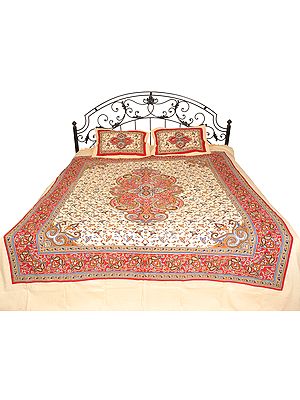 Cream and Red Bedspread from Pilkhuwa with Floral Print