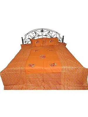 Caramel-Brown Printed Bedspread from Gujarat with Applique Embroidered Elephants