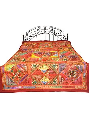 Multicolor Antiquated Bedspread from Kutch with Embroidered Patches and Mirrors