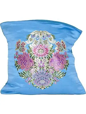Turquoise-Blue Banarasi Cushion Cover with Hand-woven Flower Vase