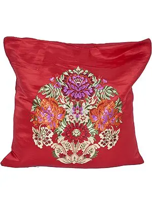 True-Red Banarasi Cushion Cover with Hand-woven Flower Vase