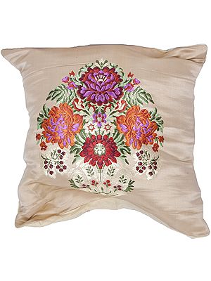 Cream Banarasi Cushion Cover with Hand-woven Flower Vase
