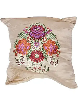 Cream Banarasi Cushion Cover with Hand-woven Flower Vase