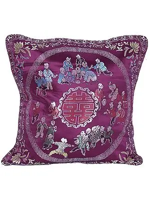 Brocaded Cushion Cover from Sikkim with Chinese Auspicious Good Luck Symbols