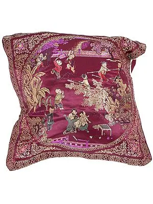 Cordovan Brocaded Cushion Cover from Sikkim with Chinese Auspicious Good Luck Symbols