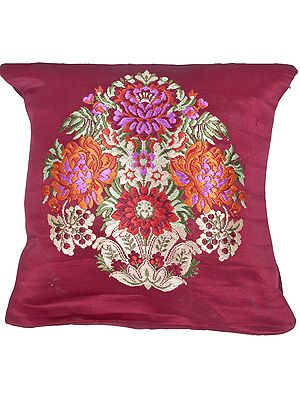 Maroon Banarasi Cushion Cover with Hand-woven Flower Vase