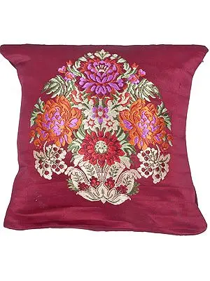 Maroon Banarasi Cushion Cover with Hand-woven Flower Vase