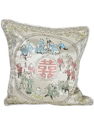 Cream Cushion Cover from Sikkim with Chinese Auspicious Good Luck Symbols