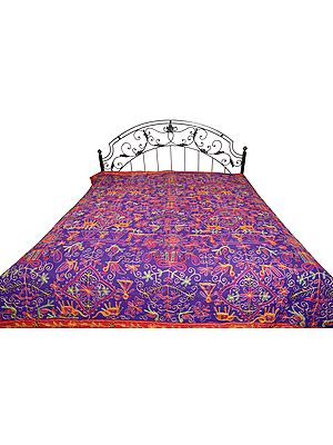 Gujarati Bedspread with Metallic Thread Embroidered Folk Motifs