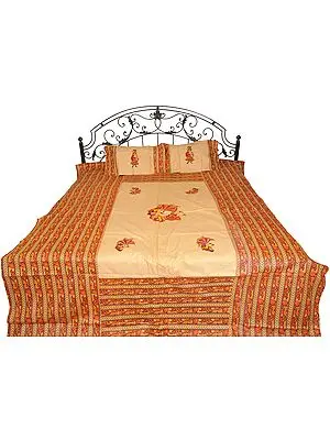 Beige Gujarati Bedspread with Applique Dancing Ladies