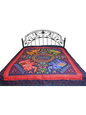 Indigo-Blue Gujarati Bedspread with Applique Elephants and All-Over Embroidery