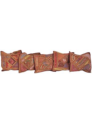 Lot of Five Kutch Patch Cushion Cover with Embroidered Mirrors