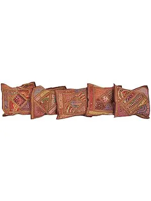 Lot of Five Kutch Patch Cushion Cover with Embroidered Mirrors