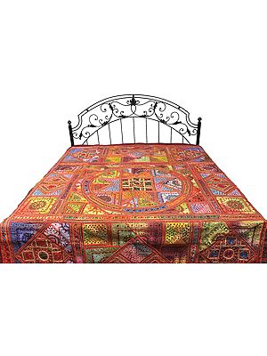 Multi-Color Kutch Patch Bedspread with Giant Mandala and Embroidered Mirrors