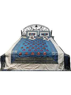 Swedish-Blue and Ivory Seven-Piece Banarasi Bedspread with Tanchoi Weave and Embroidered Bootis