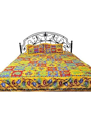 Freesia-Yellow Sanganeri Bedspread with Printed Flowers and Kantha Embroidery