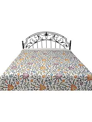 Bedspread from Kashmir with Ari-Embroidered Maple Leaves