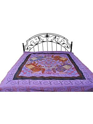 Gujarati Bedspread with Applique Elephants and All-Over Embroidery