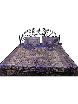 Blue Iris Seven-Piece Banarasi Bedcover with Brocade Weave All-Over