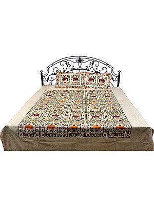 Gujarati Bedspread with Printed Stylized Elephants