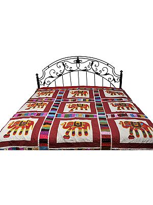 Red Kutch Embroidered Bedspread with Appliqué Elephants