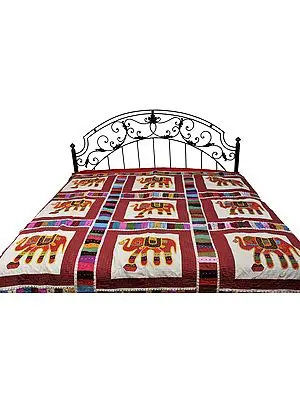 Red Kutch Embroidered Bedspread with Appliqué Elephants