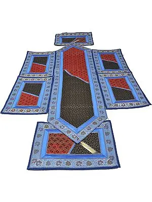 Tri-Color Seven Piece Banarasi Dinner Set with Golden Thread Weave and Brocaded Border