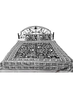 Bedspread with Hand Printed Folk Figures Inspired By Warli Art