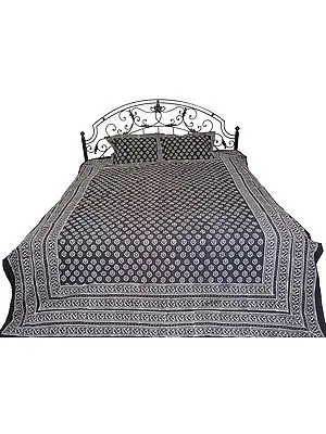 Phantom-Black Bedspread from Gujarat with Block-Printed Bootis