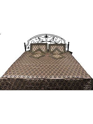 Black and Golden Seven-Piece Bedspread from Banaras with Brocaded Elephants