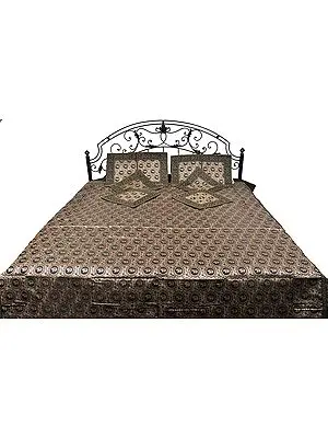 Black and Golden Seven-Piece Bedspread from Banaras with Brocaded Elephants