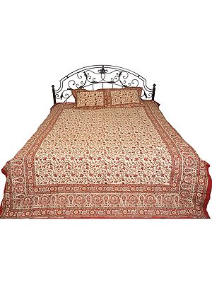 Cream and Red Bedspread with Floral Print